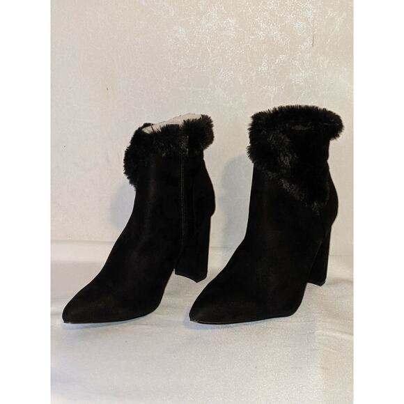 Allegra K Black Woman's Chunky Heel Fur Top Suede Ankle Boot Pointed Toe sz 8 Ne - Picture 2 of 6